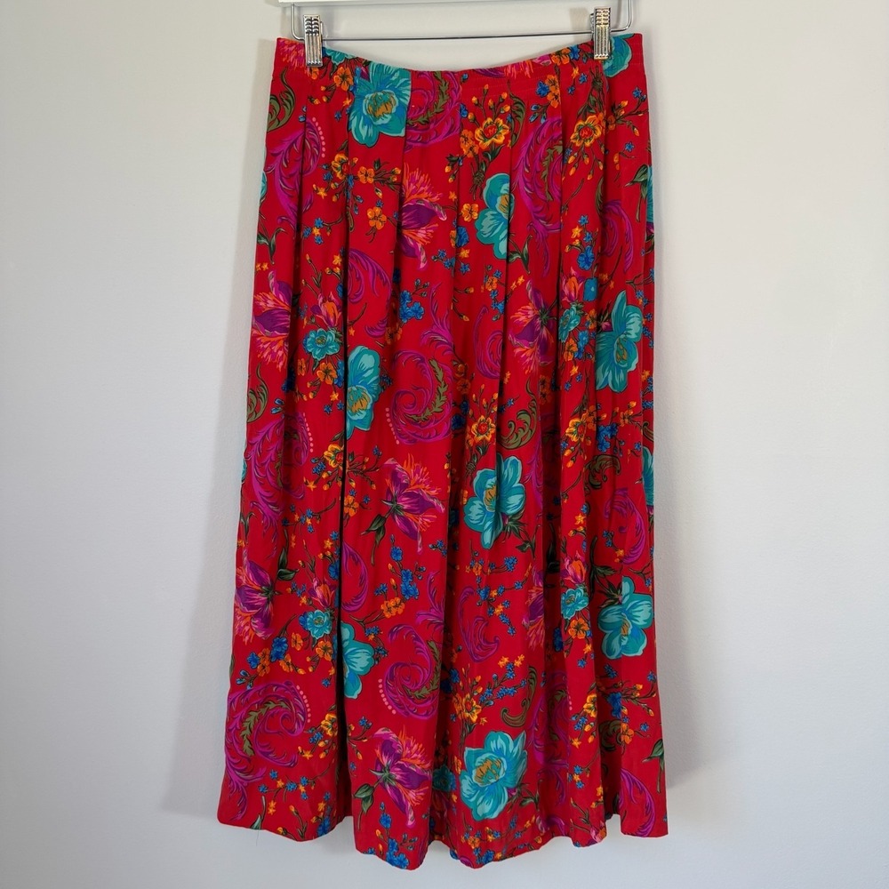 Vintage Red Silk Skirt 90s Pleated Floral Midi Tropical Beach Resort Dopamine M - Picture 4 of 4